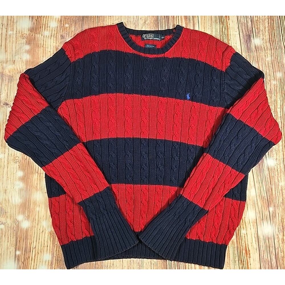 Polo Ralph Lauren Cable-Knit Striped Red Navy Men's Crewneck Sweater XL